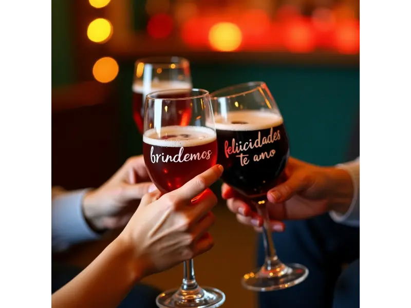 Vaso de trago personalizado con frase divertida en inglés, decoración con hojas y limón, sobre barra de madera en ambiente cálido